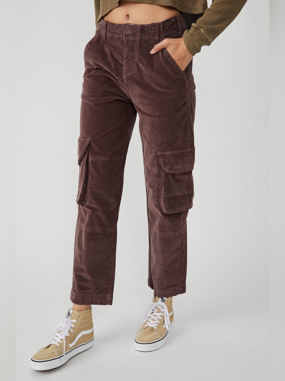 Free People Hard Crushin Plush Cargo Pants Chocolate Merlot Ankle Bottoms Brown